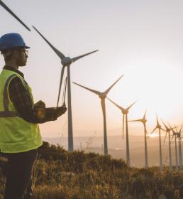 An engineer in high vis and hard hat stands looking across a field of wind turbines